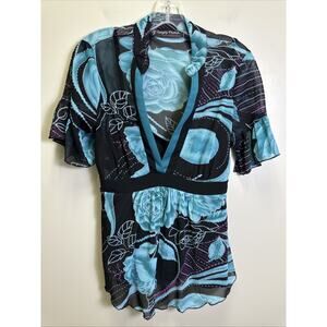 VTG Simply French Babydoll Top Women's M Black BlueFloral Mesh‎ Sheer Y2K Goth